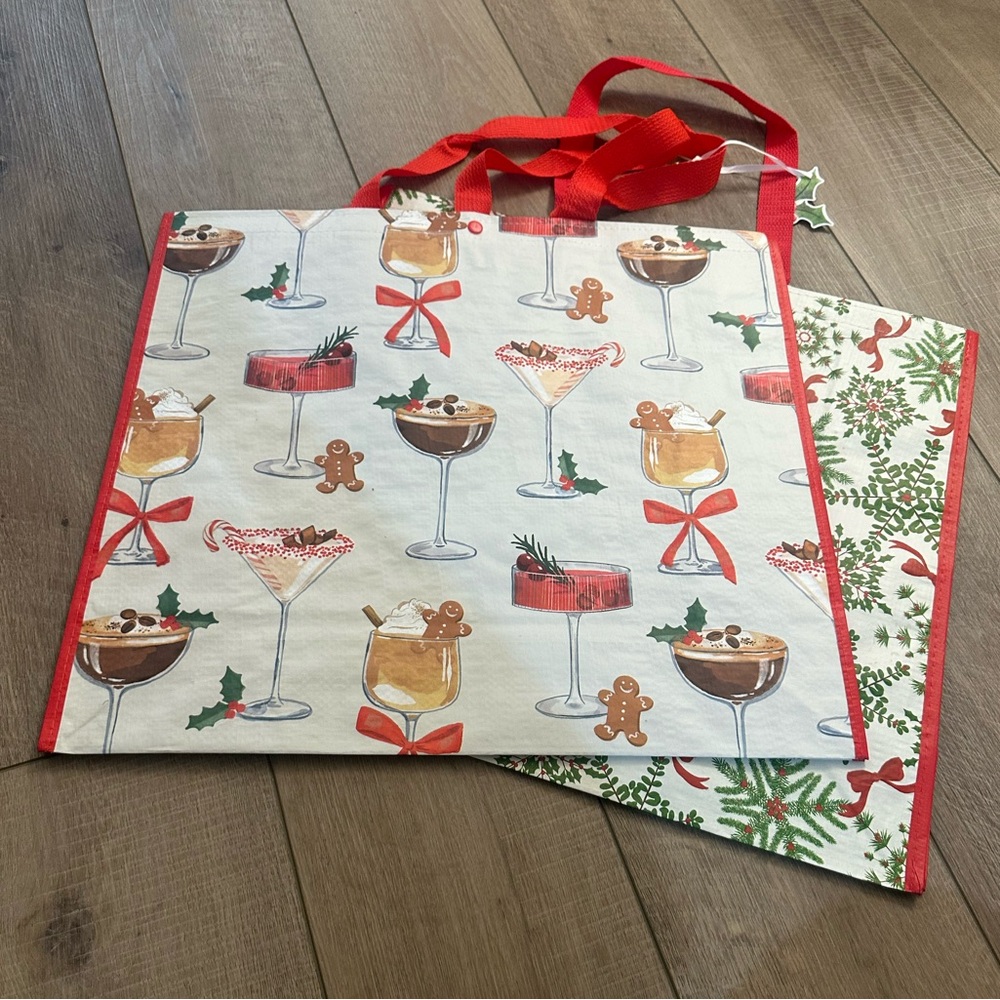 Homegoods TJMaxx Marshalls Christmas Cocktails & Snowflake Bow Print Bags NWOT